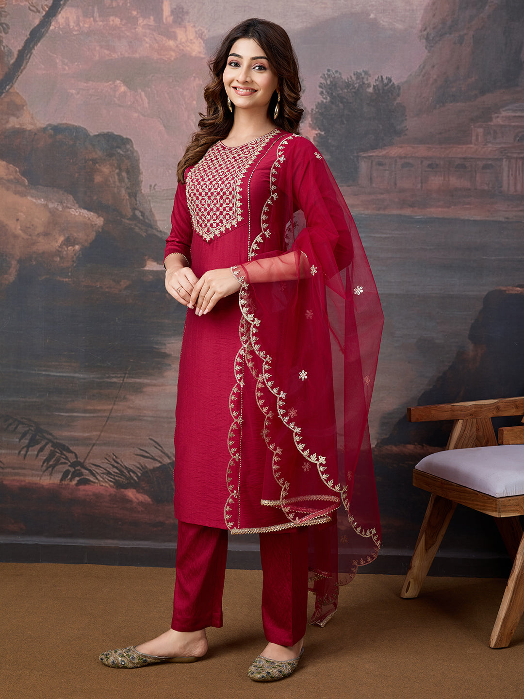Silk Blend Embroidered Round Neck Kurta, Pant and Dupatta Set