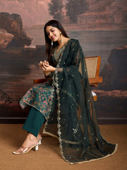 Green Color Organza Floral Printed Kurta Set