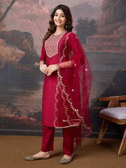 Silk Blend Embroidered Round Neck Kurta, Pant and Dupatta Set.