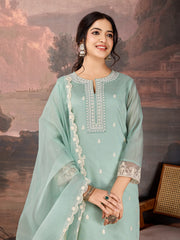 Mint Green Color Chanderi Cotton Silk Kurta Set