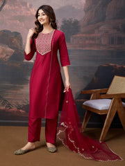 Silk Blend Embroidered Round Neck Kurta, Pant and Dupatta Set.