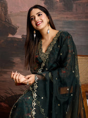 Green Color Organza Floral Printed Kurta Set