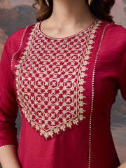 Silk Blend Embroidered Round Neck Kurta, Pant and Dupatta Set.