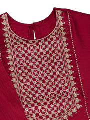 Silk Blend Embroidered Round Neck Kurta, Pant and Dupatta Set.