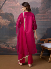 Pink Chanderi Cotton Silk Embroidered Kurta, with Pant & Net Dupatta