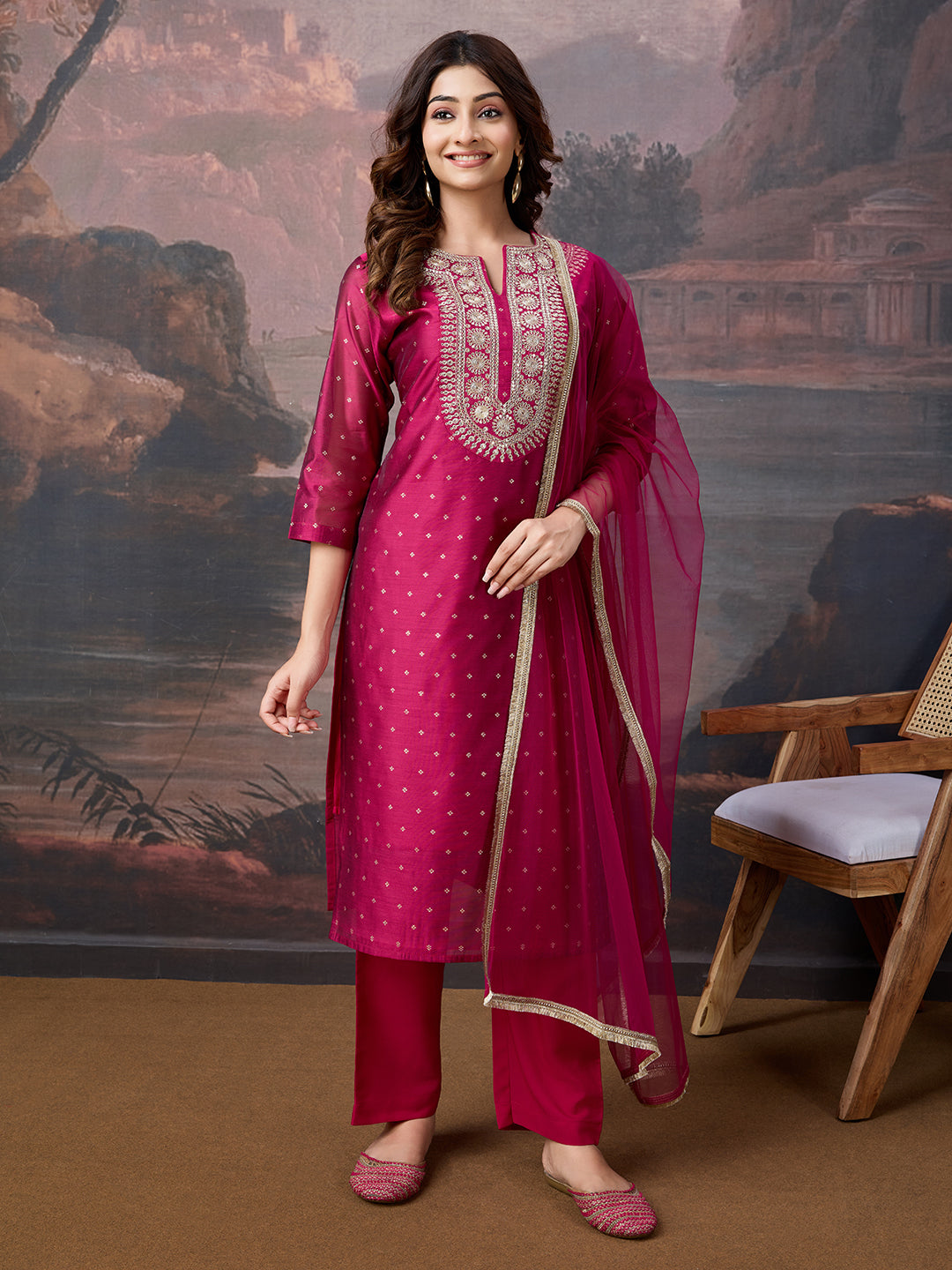 Pink Chanderi Cotton Silk Embroidered Kurta, with Pant & Net Dupatta