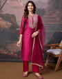 Pink Chanderi Cotton Silk Embroidered Kurta, with Pant & Net Dupatta