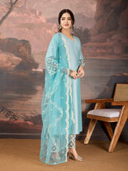 Sky Blue Color Style Silk Blend Kurta Set