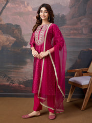 Pink Chanderi Cotton Silk Embroidered Kurta, with Pant & Net Dupatta