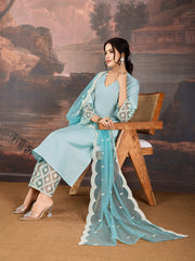 Sky Blue Color Style Silk Blend Kurta Set