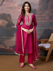 Pink Chanderi Cotton Silk Embroidered Kurta, with Pant & Net Dupatta