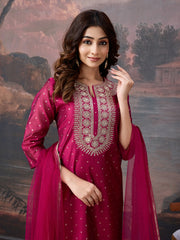 Pink Chanderi Cotton Silk Embroidered Kurta, with Pant & Net Dupatta