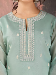 Mint Green Color Chanderi Cotton Silk Kurta Set