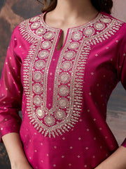 Pink Chanderi Cotton Silk Embroidered Kurta, with Pant & Net Dupatta