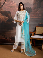 White Color Chanderi Cotton Silk Kurta Set