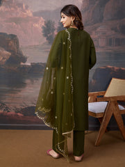 Silk Blend Embroidered Round Neck Kurta, Pant and Dupatta Set.