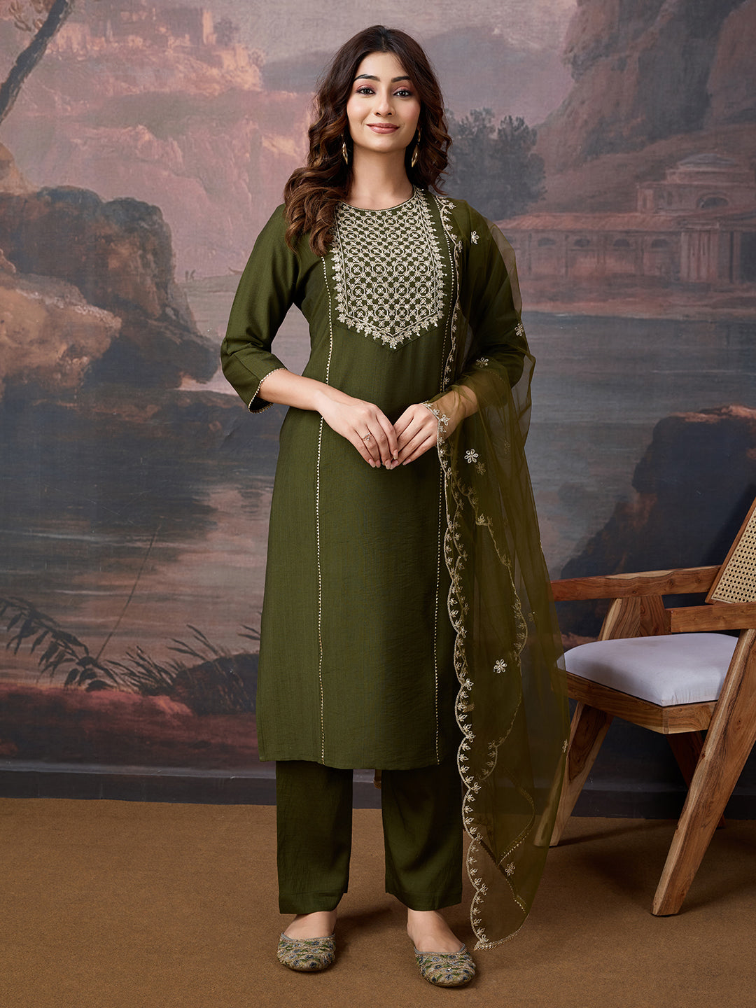 Silk Blend Embroidered Round Neck Kurta, Pant and Dupatta Set.