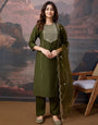 Silk Blend Embroidered Round Neck Kurta, Pant and Dupatta Set.