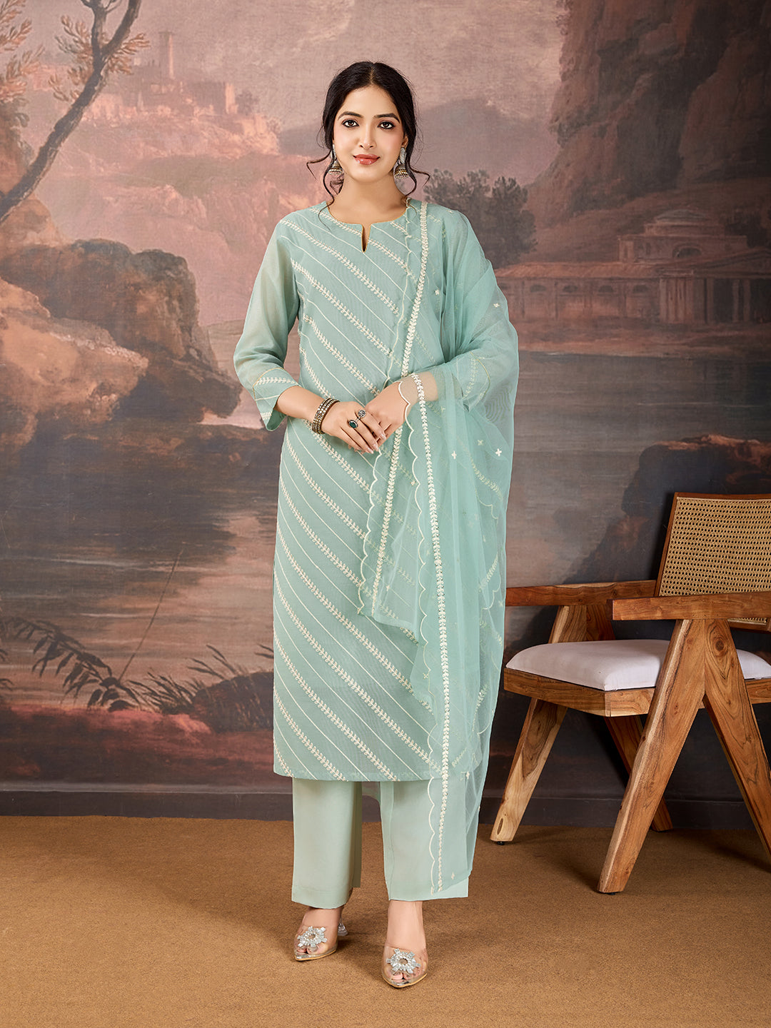 Mint Green Chanderi Cotton Silk Kurta Set.