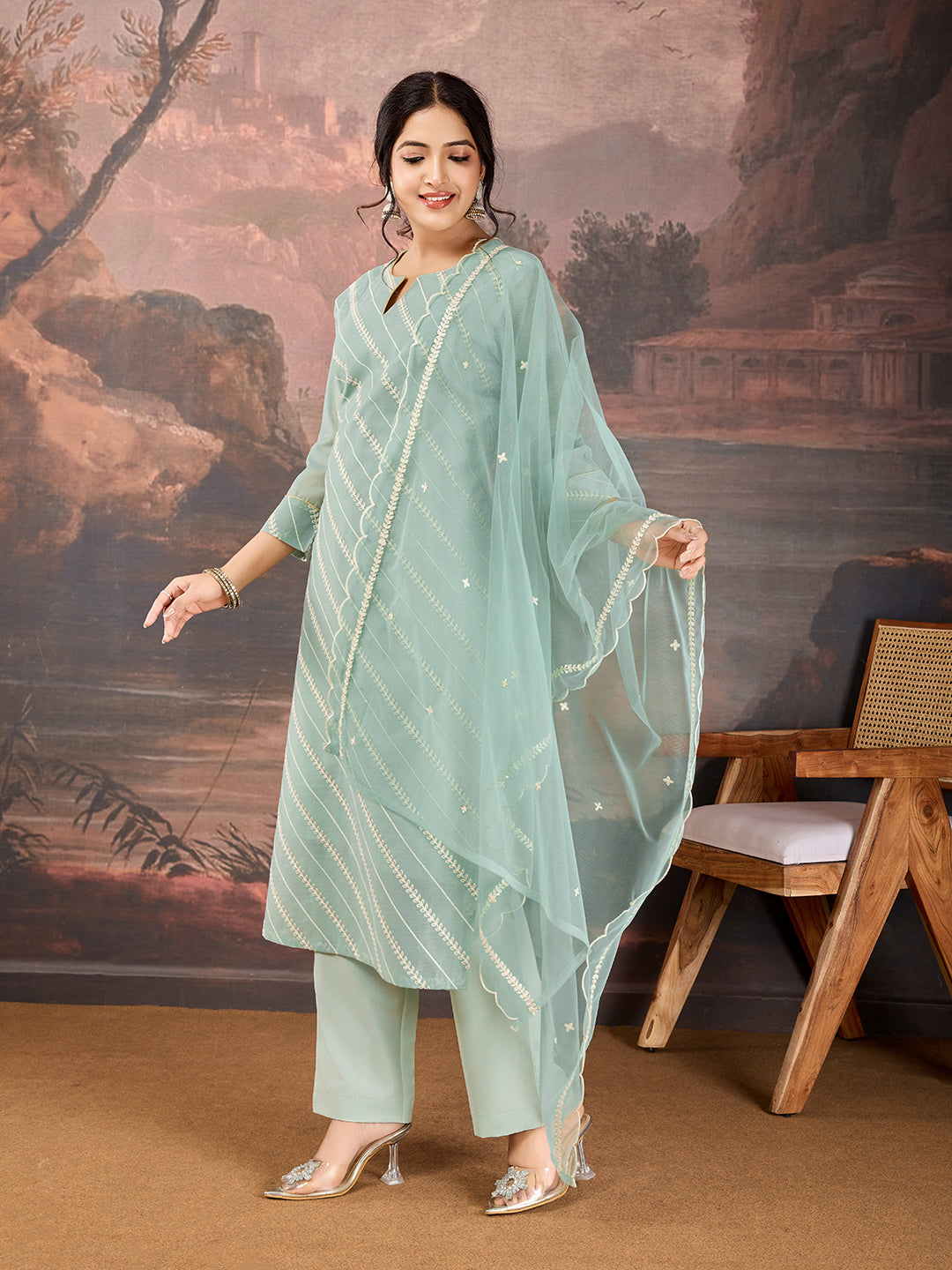 Mint Green Chanderi Cotton Silk Kurta Set