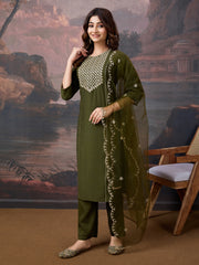 Silk Blend Embroidered Round Neck Kurta, Pant and Dupatta Set.