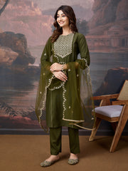 Silk Blend Embroidered Round Neck Kurta, Pant and Dupatta Set.