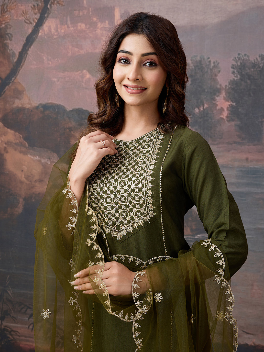 Silk Blend Embroidered Round Neck Kurta, Pant and Dupatta Set