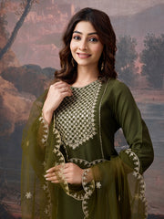 Silk Blend Embroidered Round Neck Kurta, Pant and Dupatta Set.