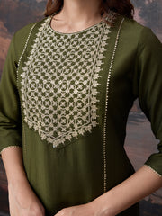 Silk Blend Embroidered Round Neck Kurta, Pant and Dupatta Set.