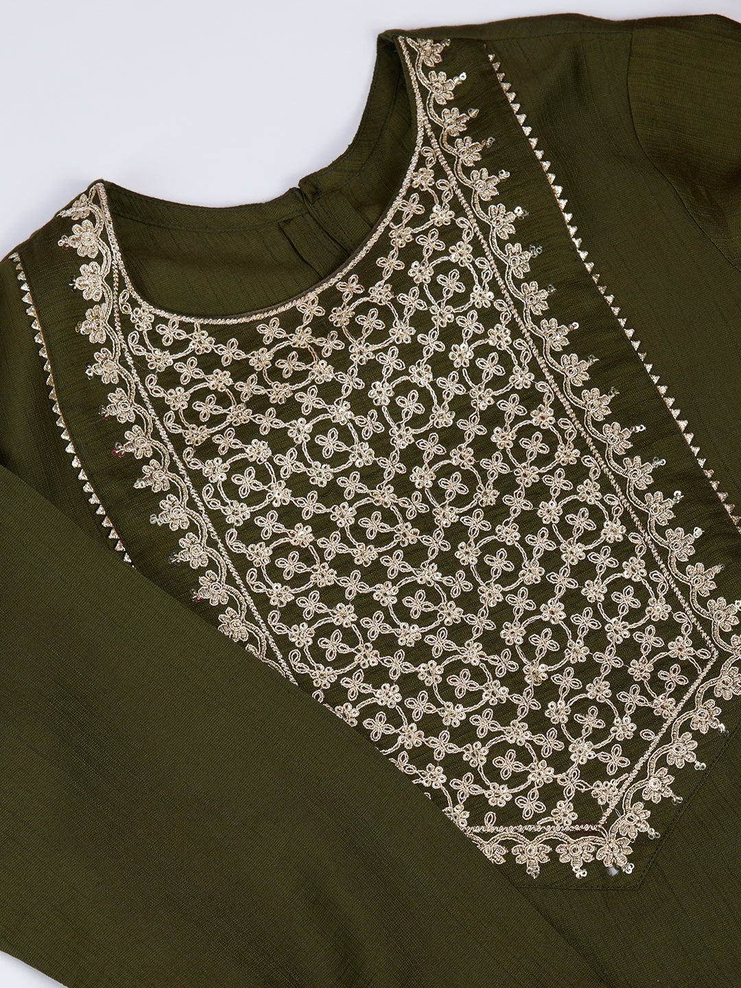 Silk Blend Embroidered Round Neck Kurta, Pant and Dupatta Set
