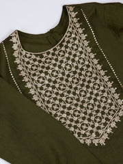 Silk Blend Embroidered Round Neck Kurta, Pant and Dupatta Set.