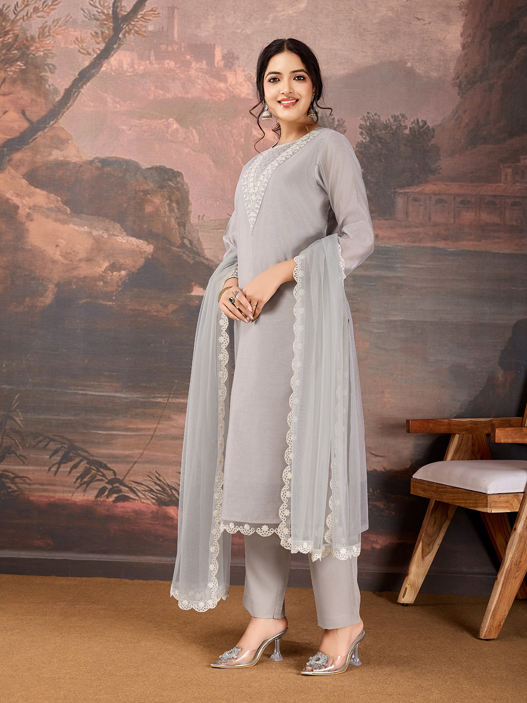 Grey Chanderi Cotton Silk Kurta Set with neck embroidery