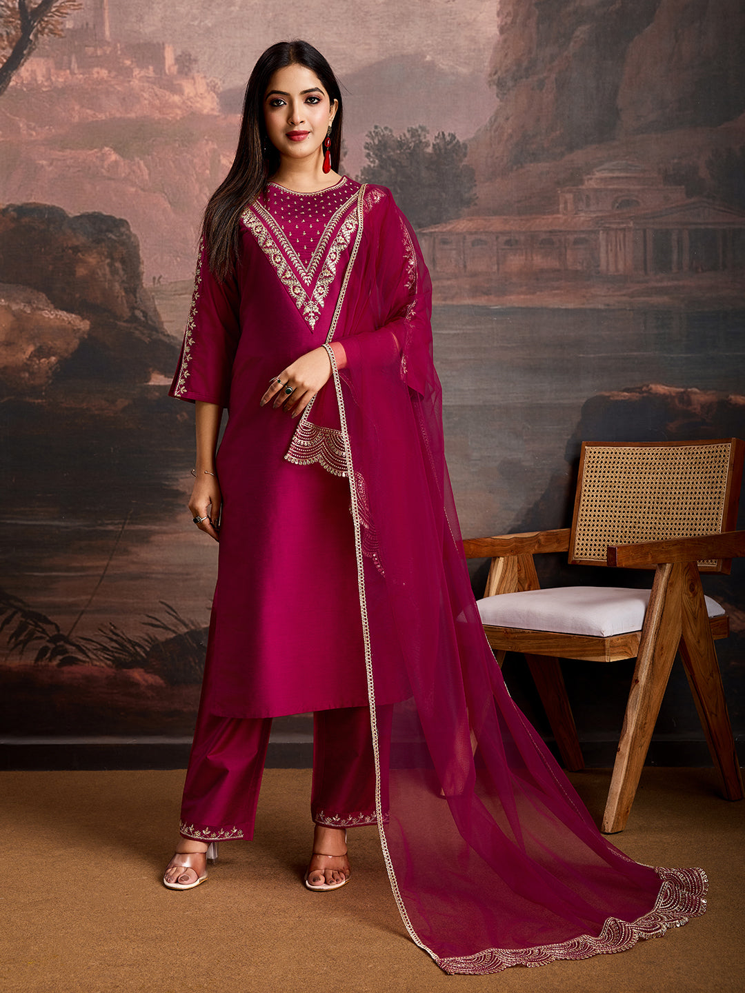 Deep pink Color Silk Blend Embroidered Kurta Set.