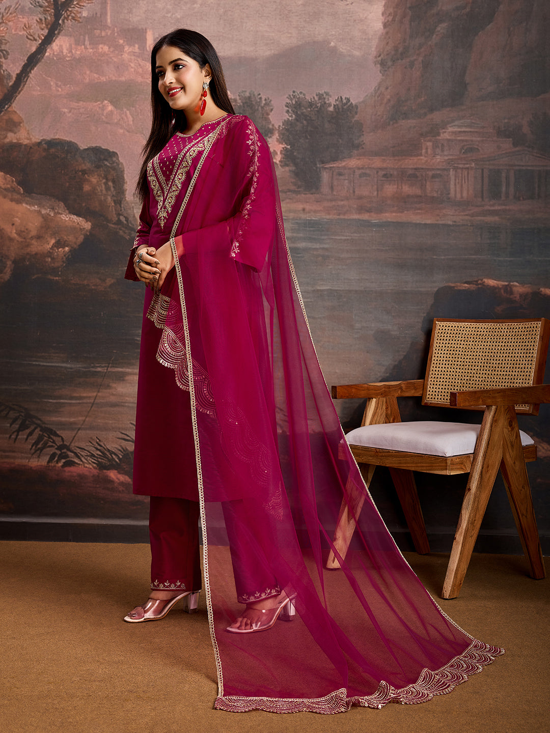 Deep pink Color Silk Blend Embroidered Kurta Set