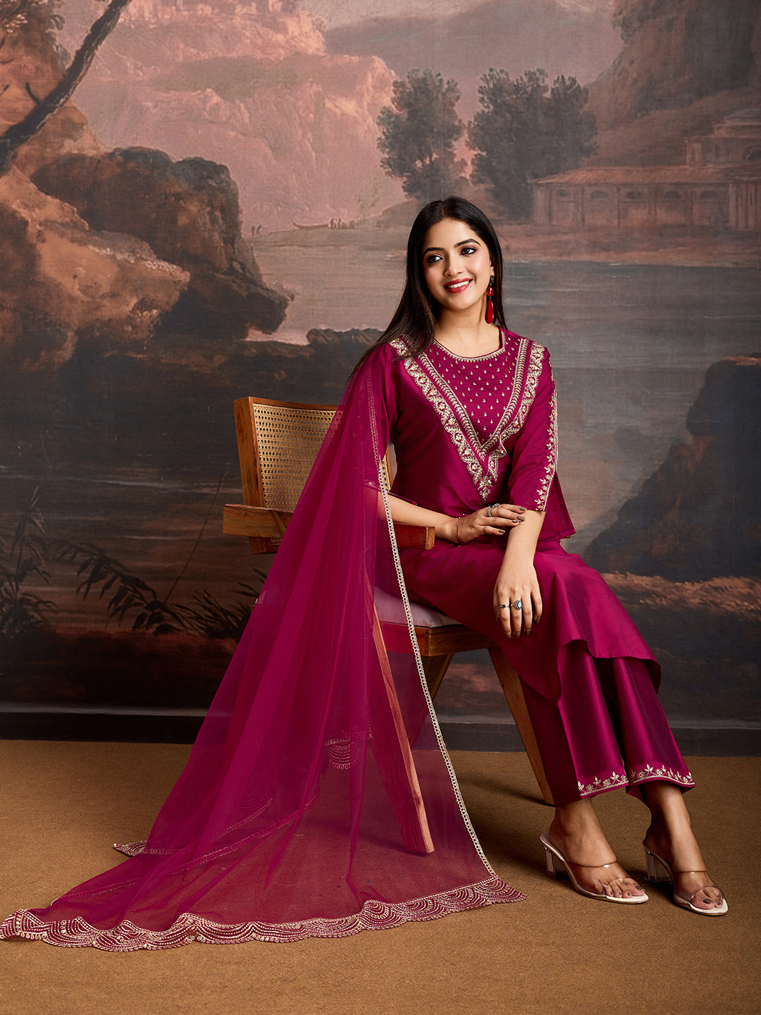 Deep pink Color Silk Blend Embroidered Kurta Set