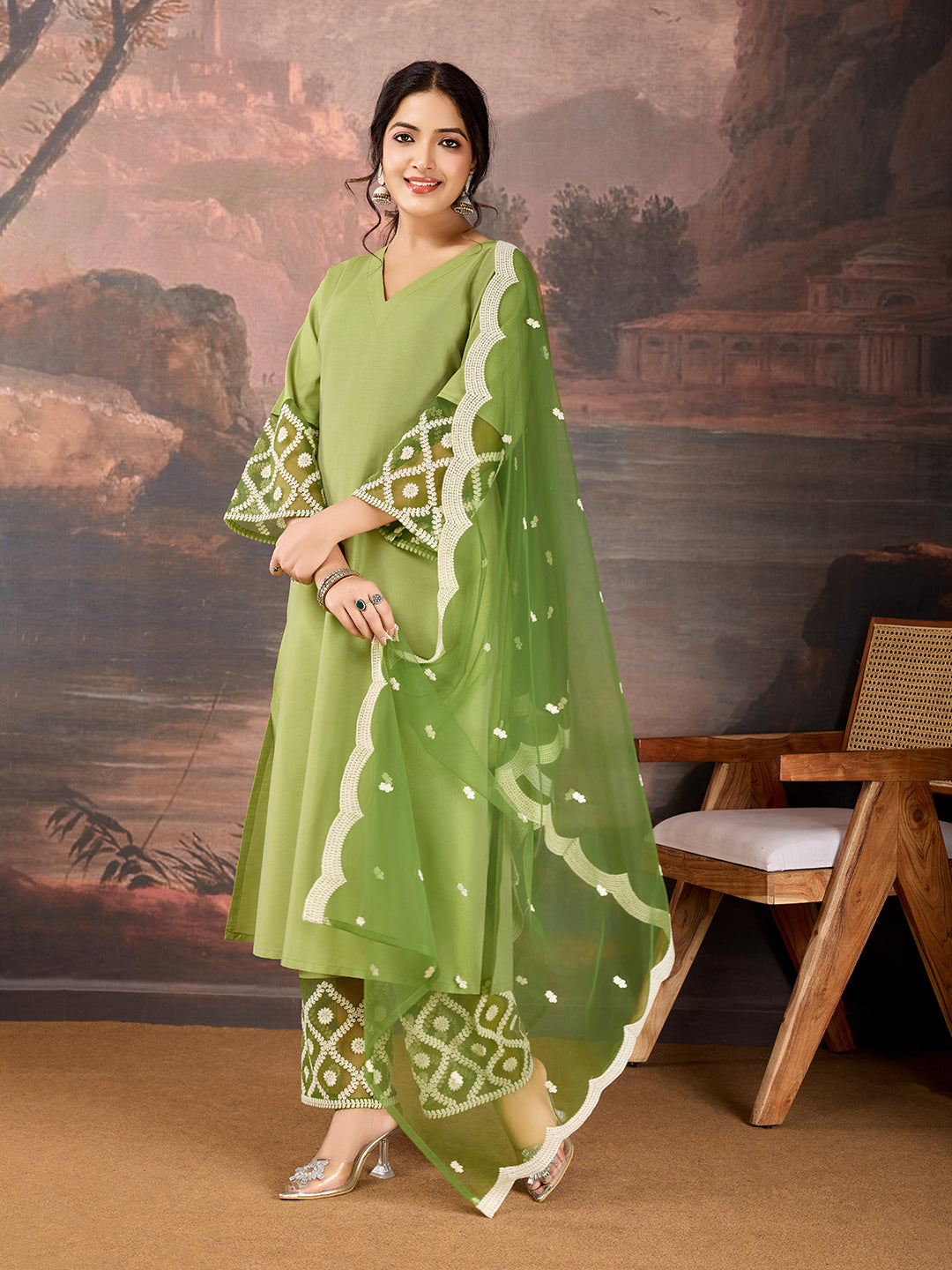 Green Color Silk Blend Kurta Set