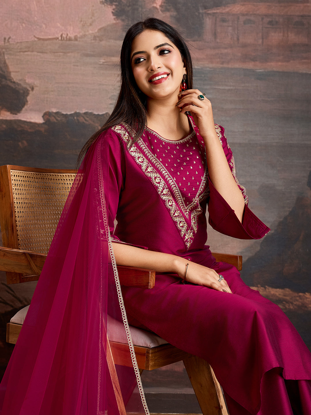 Deep pink Color Silk Blend Embroidered Kurta Set
