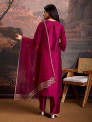 Deep pink Color Silk Blend Embroidered Kurta Set.