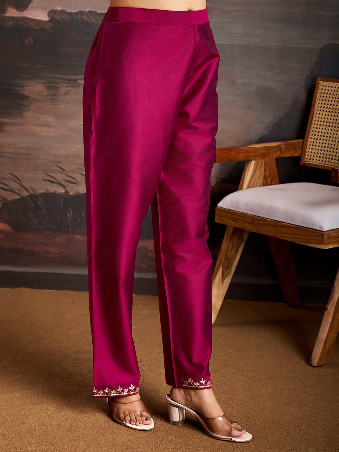 Deep pink Color Silk Blend Embroidered Kurta Set