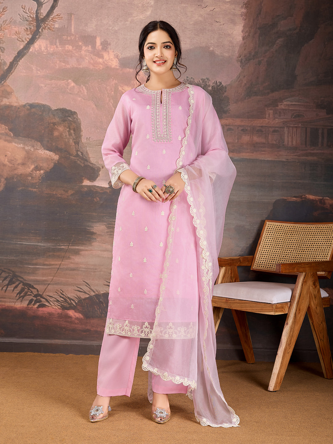 Soft Pink Color Chanderi Cotton Silk Kurta Set