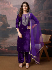 Velvet Embroidered Round Neck Kurta, Pant and Dupatta Set