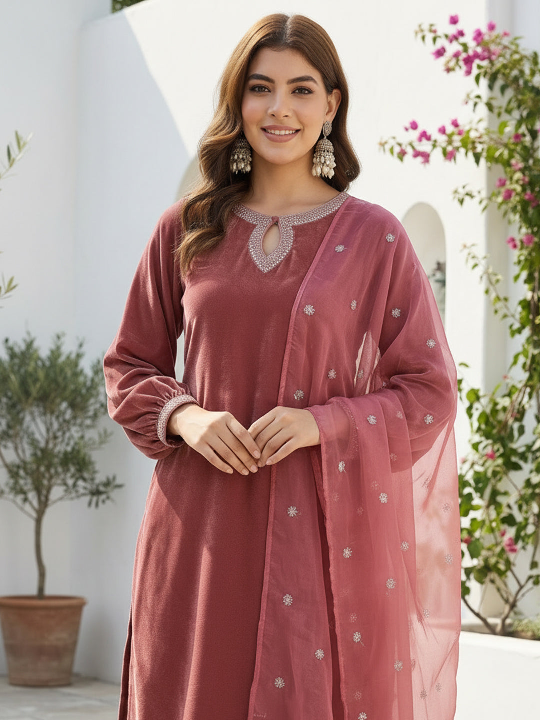 Dusty Rose Pink Velvet Kurta, Pant and Dupatta Set