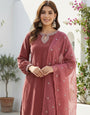 Dusty Rose Pink Velvet Kurta, Pant and Dupatta Set