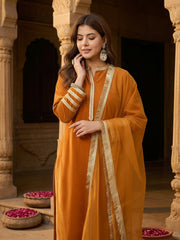 Mustard Velvet Embellished Kurta, Pant and Dupatta Set