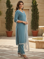 Velvet Straight-Cut Kurta, Pant with Dupatta