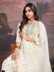 White Foil Printed Embroidered Silk Blend Kurta with Pants & Net Dupatta