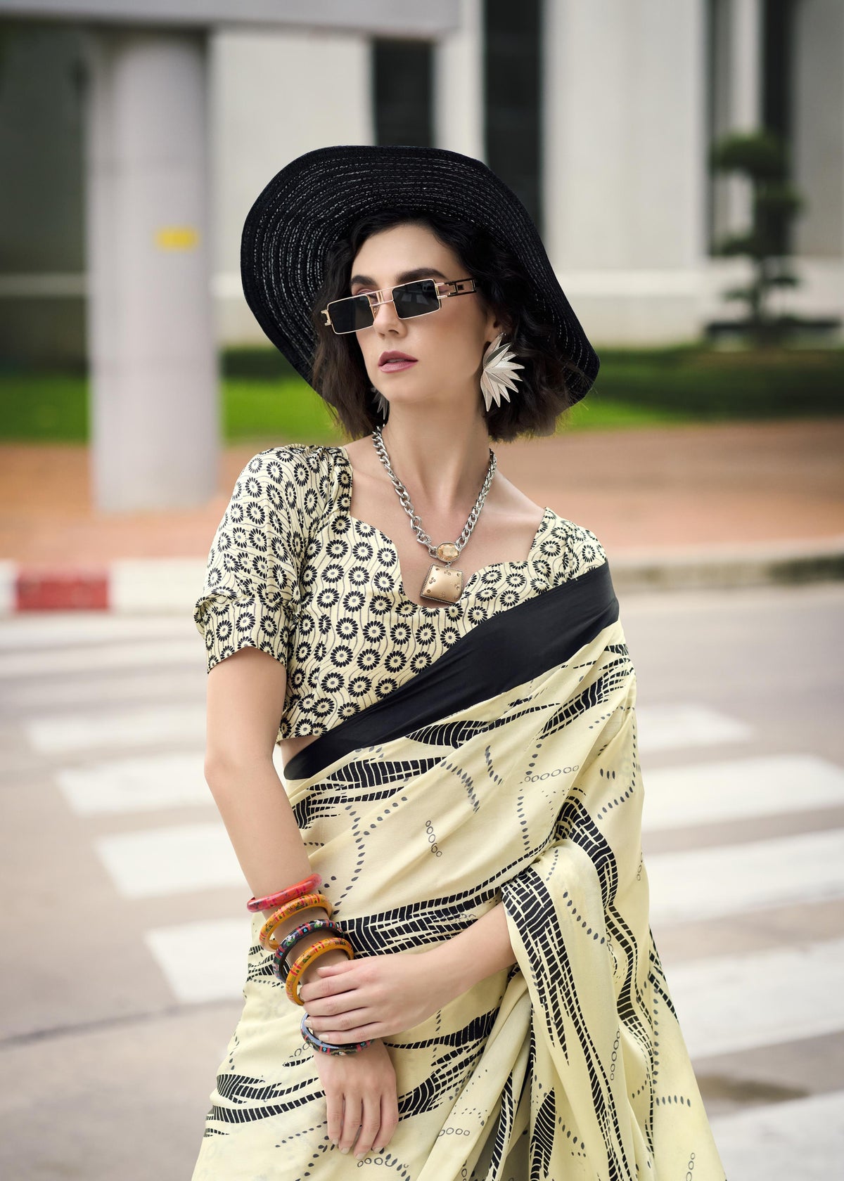 Digital Printed Satin Saree with Unstiched Blouse