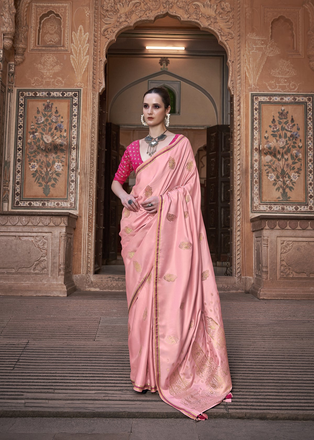 Pure Satin Saree with Zari Weaving Border and Unstitched Blouse Piece.