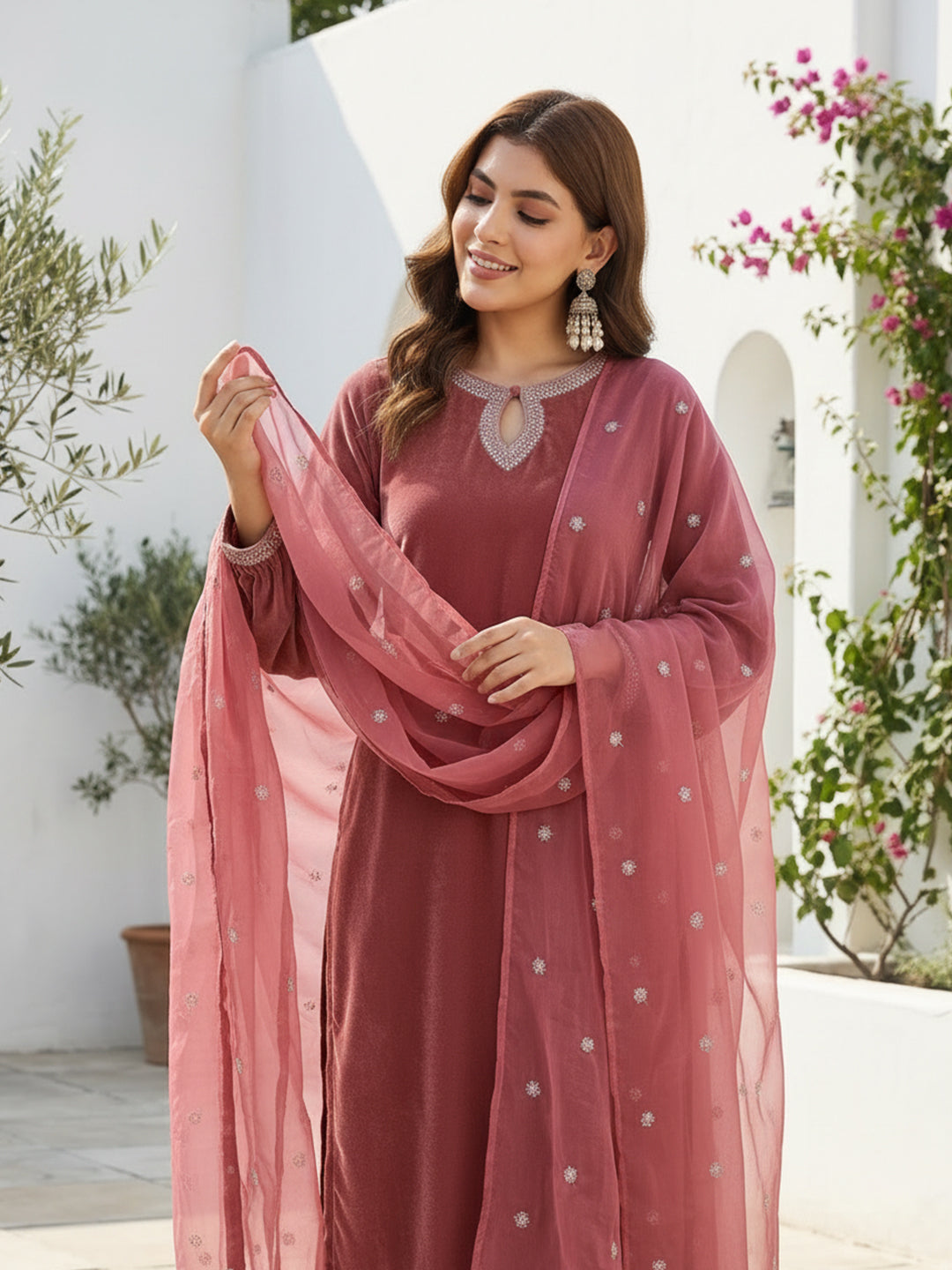 Dusty Rose Pink Velvet Kurta, Pant and Dupatta Set