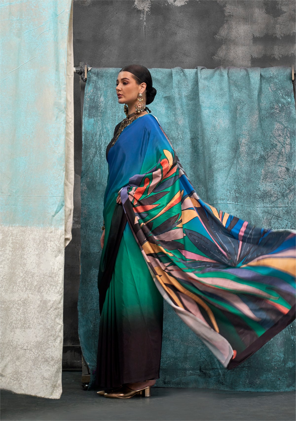 Digital Printed Satin Saree with Unstiched Blouse